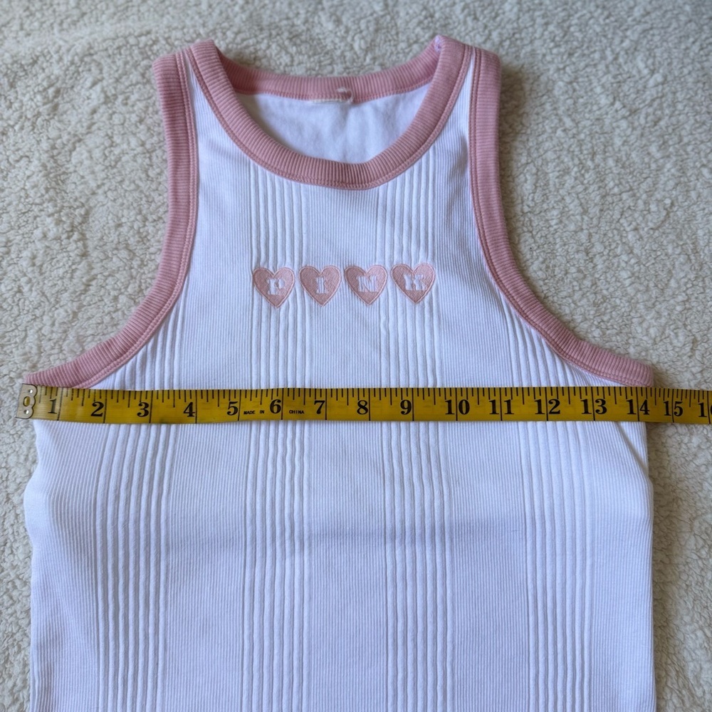 Victoria’s Secret PINK White Ribbed Tank Top with Pink Trim and Heart Embroidery - Picture 5 of 6